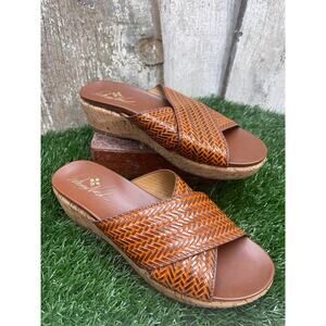 Patricia Nash Luca Leather Wedge Sandals Cognac Women's 9